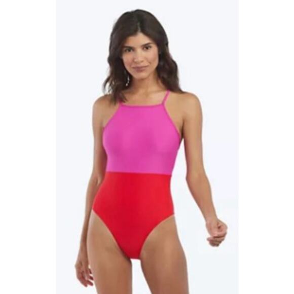 NEW Summersalt 6 High Neck One Piece Swimsuit Pink Color Block Preppy Beach - Picture 1 of 6